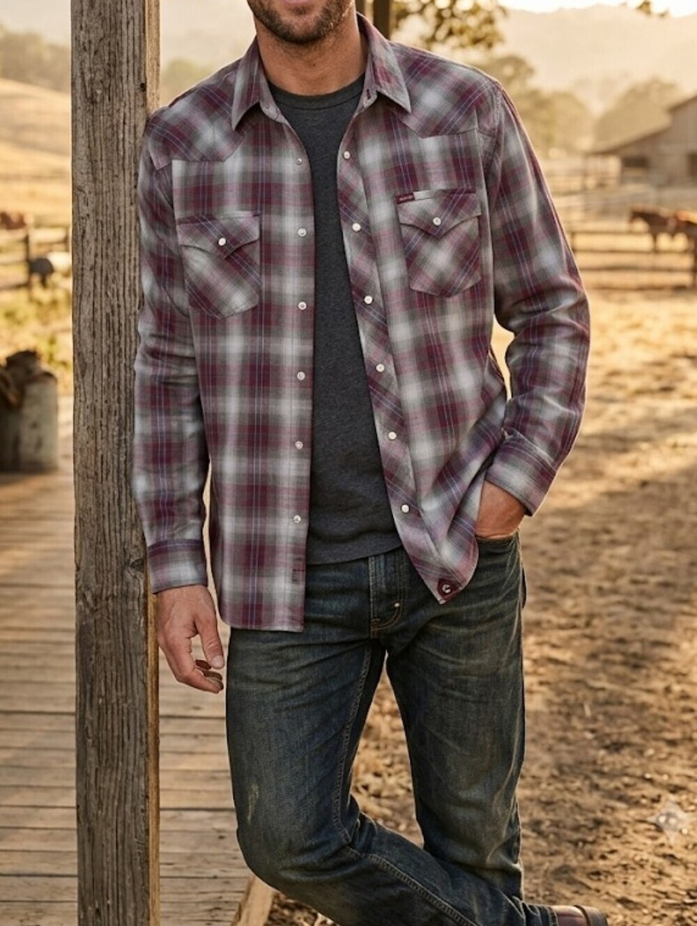 Rustler Men’s Long-Sleeve Plaid Shirt in Maroon and Gray Size XL